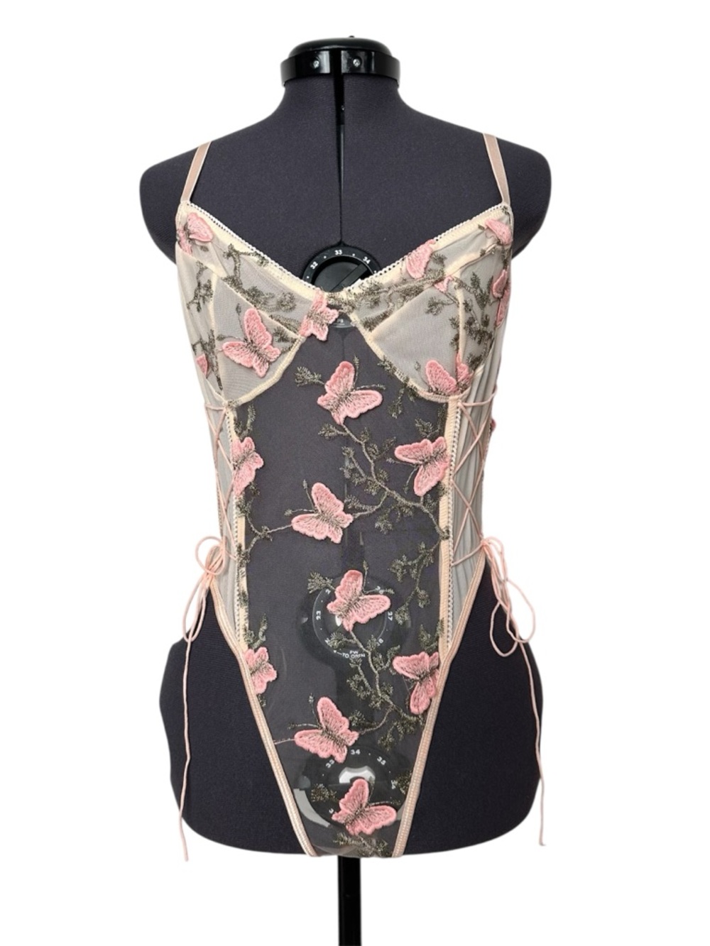 Fairycore Baby Pink Sheer Bodysuit Butterfly Embroidered Lace Up Garden Girl